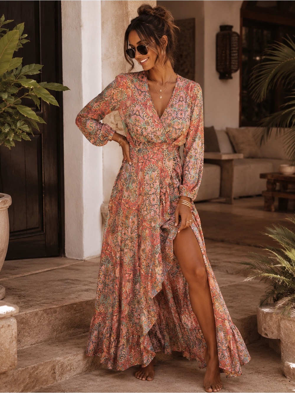 Women's Maxi Wrap Dress Pink/Blue Paisley Print Size M/L